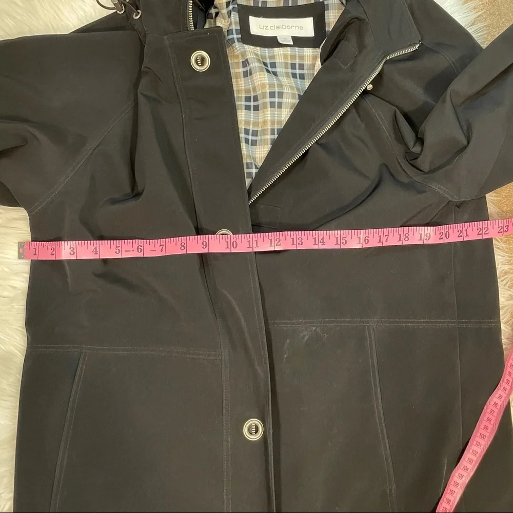 Liz Claiborne Black Trench Coat w/Detachable Hood size medium